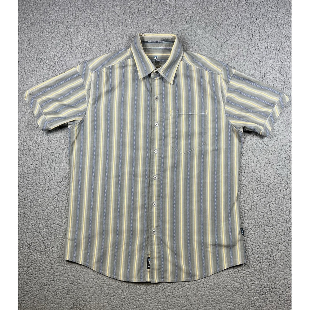 Kuhl Suncel Shirt Mens Sz M Green Yellow Stripe Button Up Short Sleeve Hiking